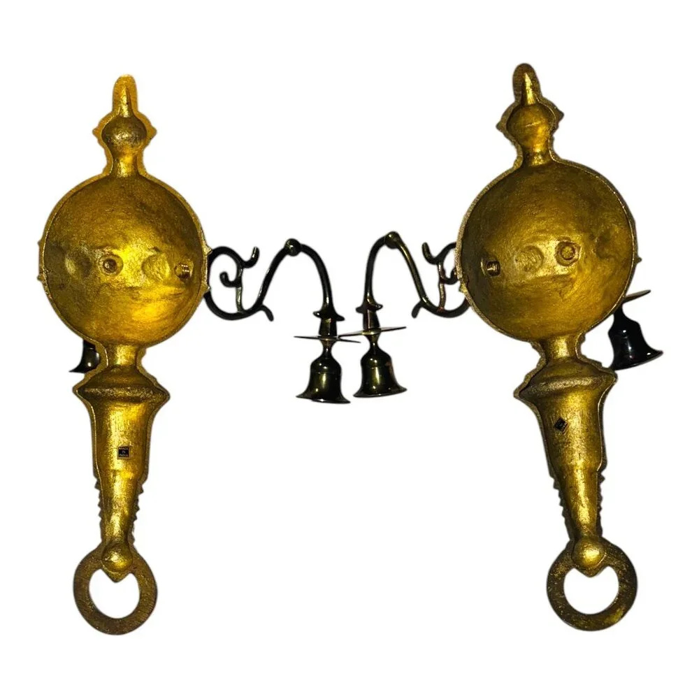 Pair of Vintage Gilt MetalBrass Double Handle Sconces Wall Mount Made in India - Picture 5 of 16